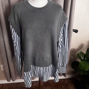 French Collection Women's Notch Collar Sweater Vest 2fer Stripes Gray Blue XL